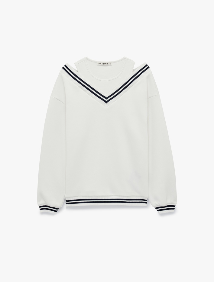  Üç İplik Şardonlu V Yaka Biyeli Atlet Detaylı Uzun Kollu Sweatshirt