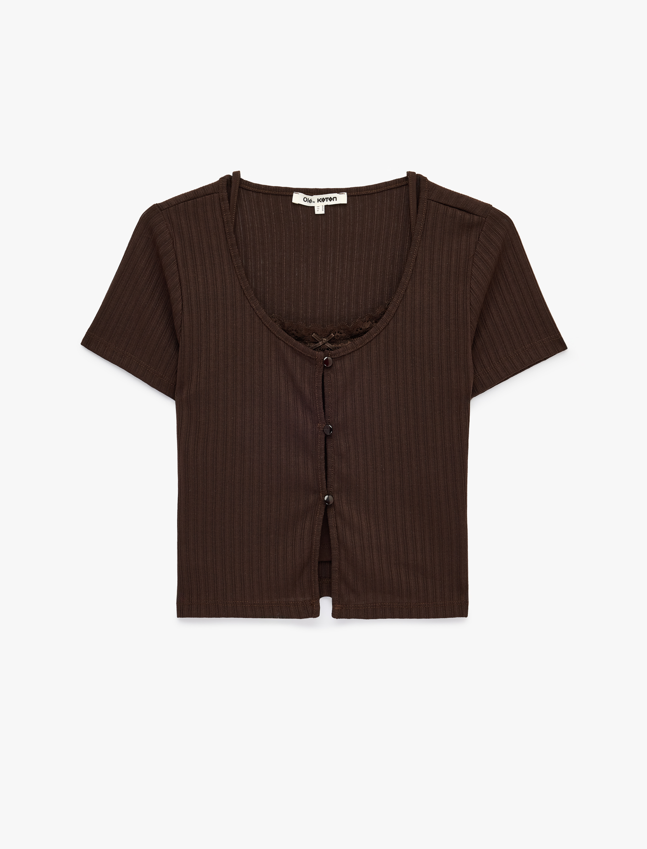   Kısa Kollu Slim Fit Düğmeli Kaşkorse Dantel Detaylı Bisiklet Yaka Tişört