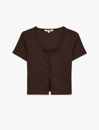 Kısa Kollu Slim Fit Düğmeli Kaşkorse Dantel Detaylı Bisiklet Yaka Tişört