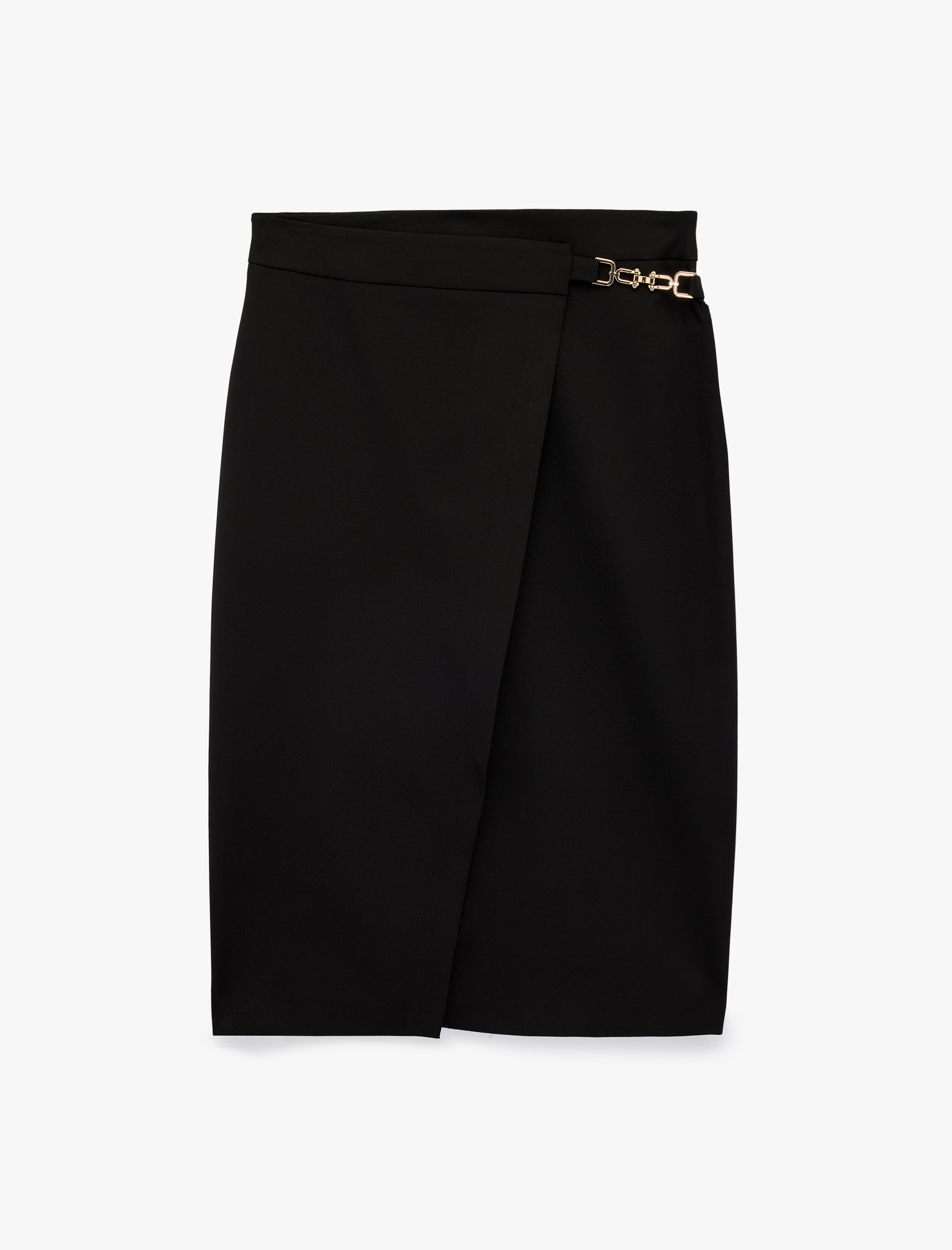   Normal Bel Metal Zincir Aksesuarlı Kruvaze Midi Etek
