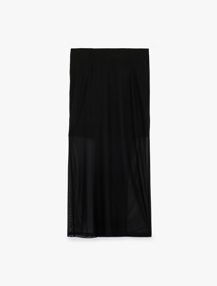  Slim Fit Düğüm Detaylı Kruvaze Tül Midi Pareo Etek