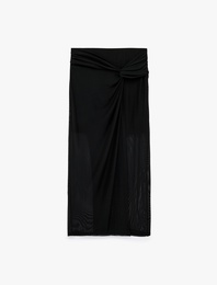 Slim Fit Düğüm Detaylı Kruvaze Tül Midi Pareo Etek