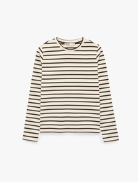 Slim Fit Bisiklet Yaka Uzun Kollu Çizgili Tişört