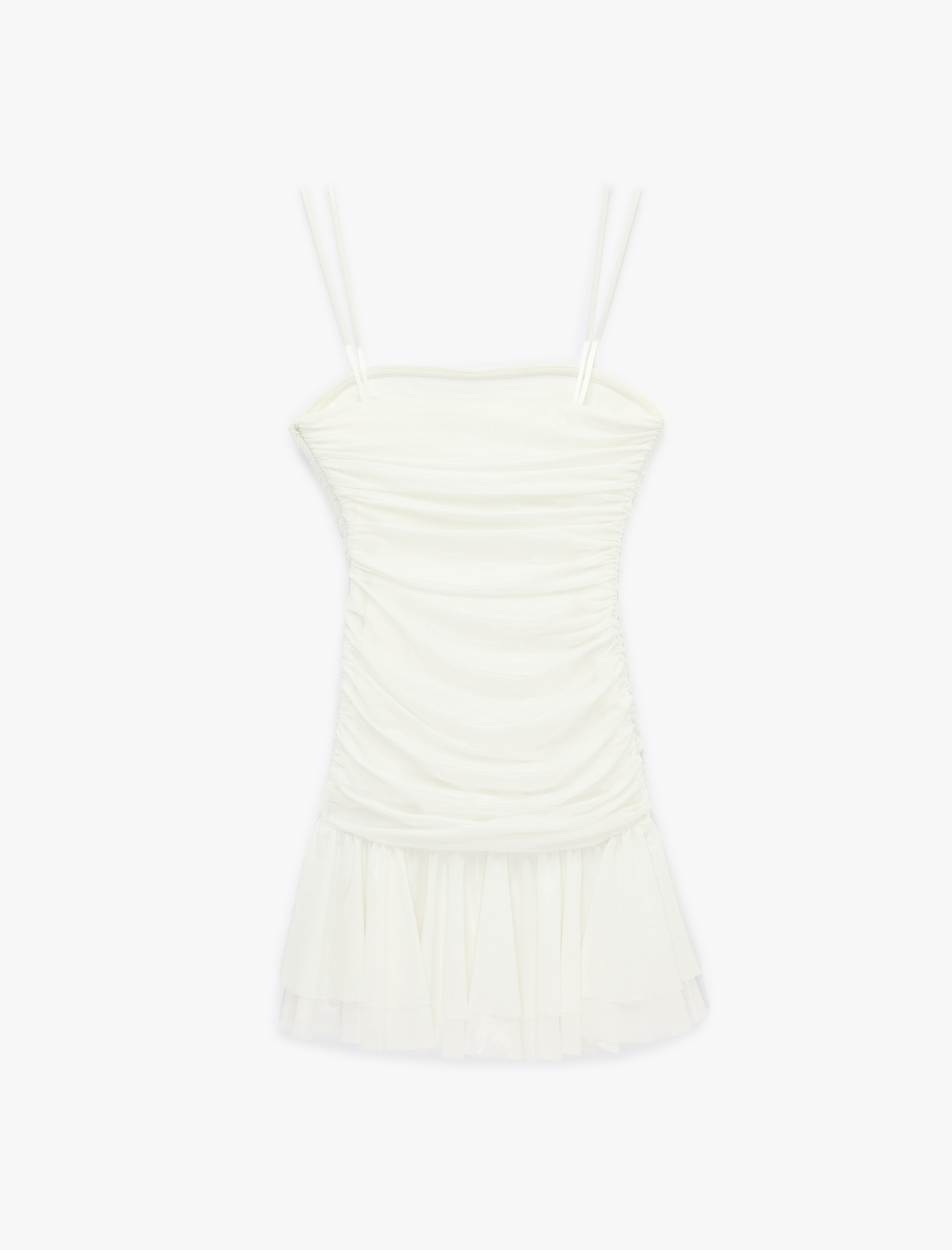   İp Askılı Drape Detaylı Katlı Tül Simli Mini Bridal Elbise