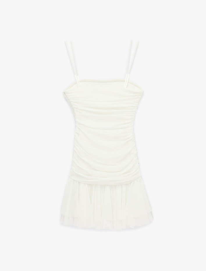  İp Askılı Drape Detaylı Katlı Tül Simli Mini Bridal Elbise