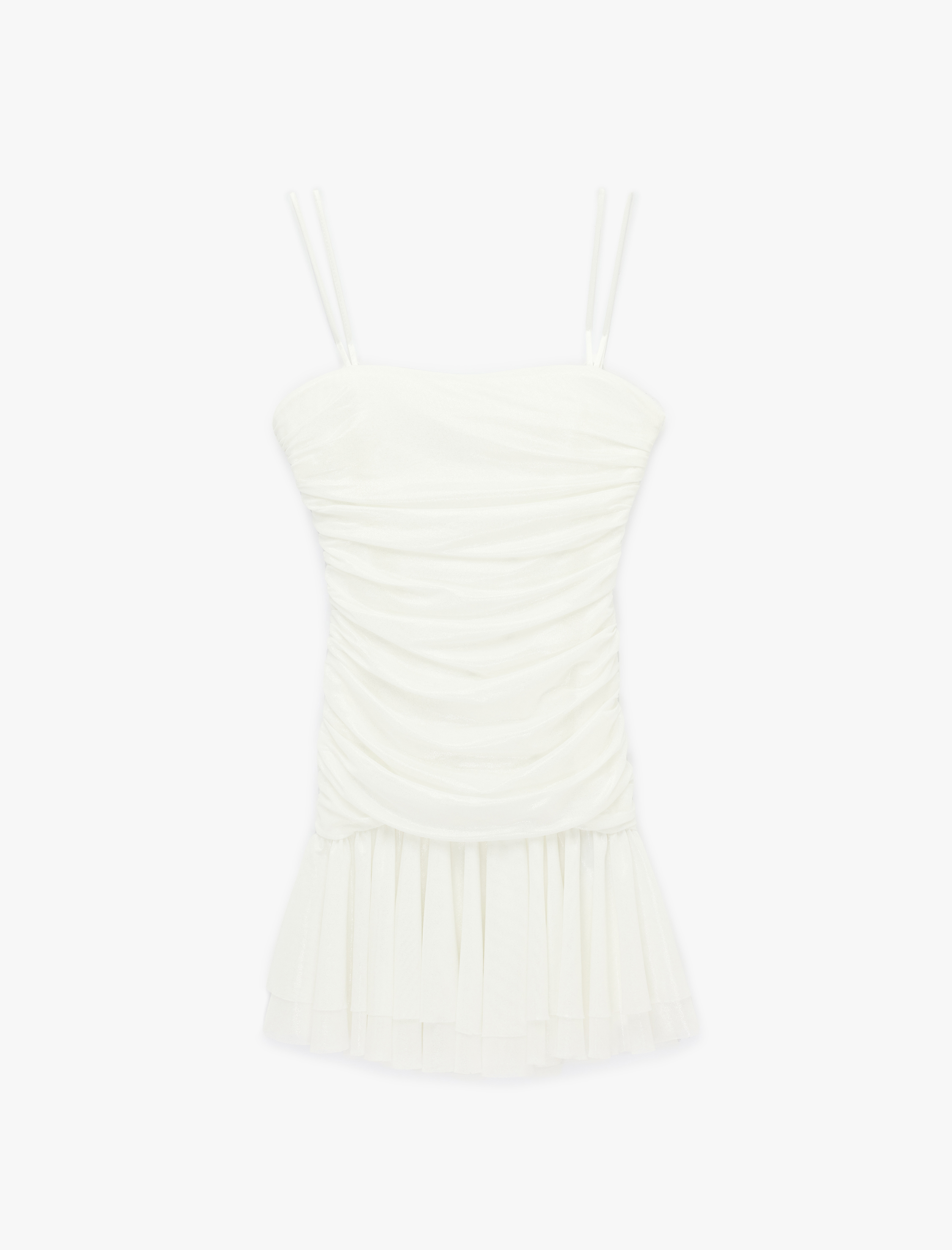   İp Askılı Drape Detaylı Katlı Tül Simli Mini Bridal Elbise