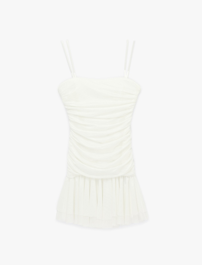  İp Askılı Drape Detaylı Katlı Tül Simli Mini Bridal Elbise