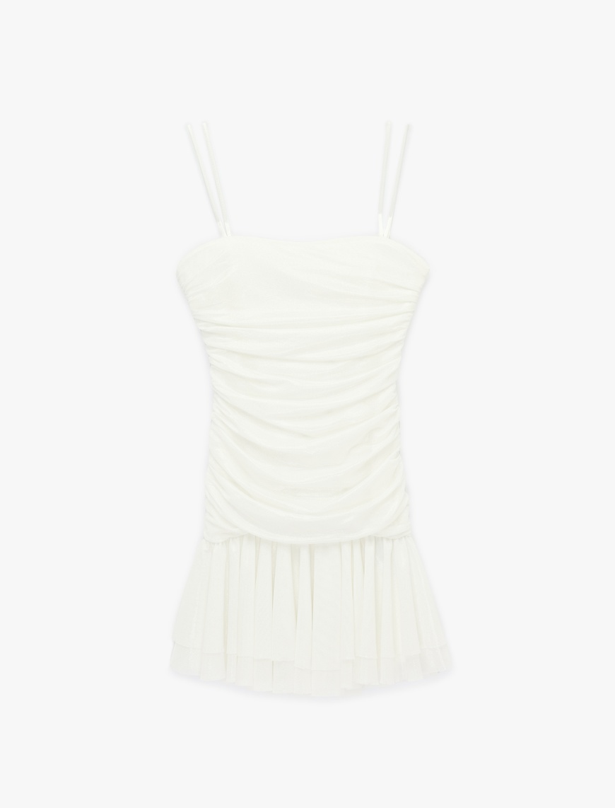 Koton Kadın İp Askılı Drape Detaylı Katlı Tül Simli Mini Bridal Elbise