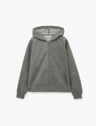Sim Detaylı Kapüşonlu Fermuarlı Cep Detaylı Oversize Sweatshirt