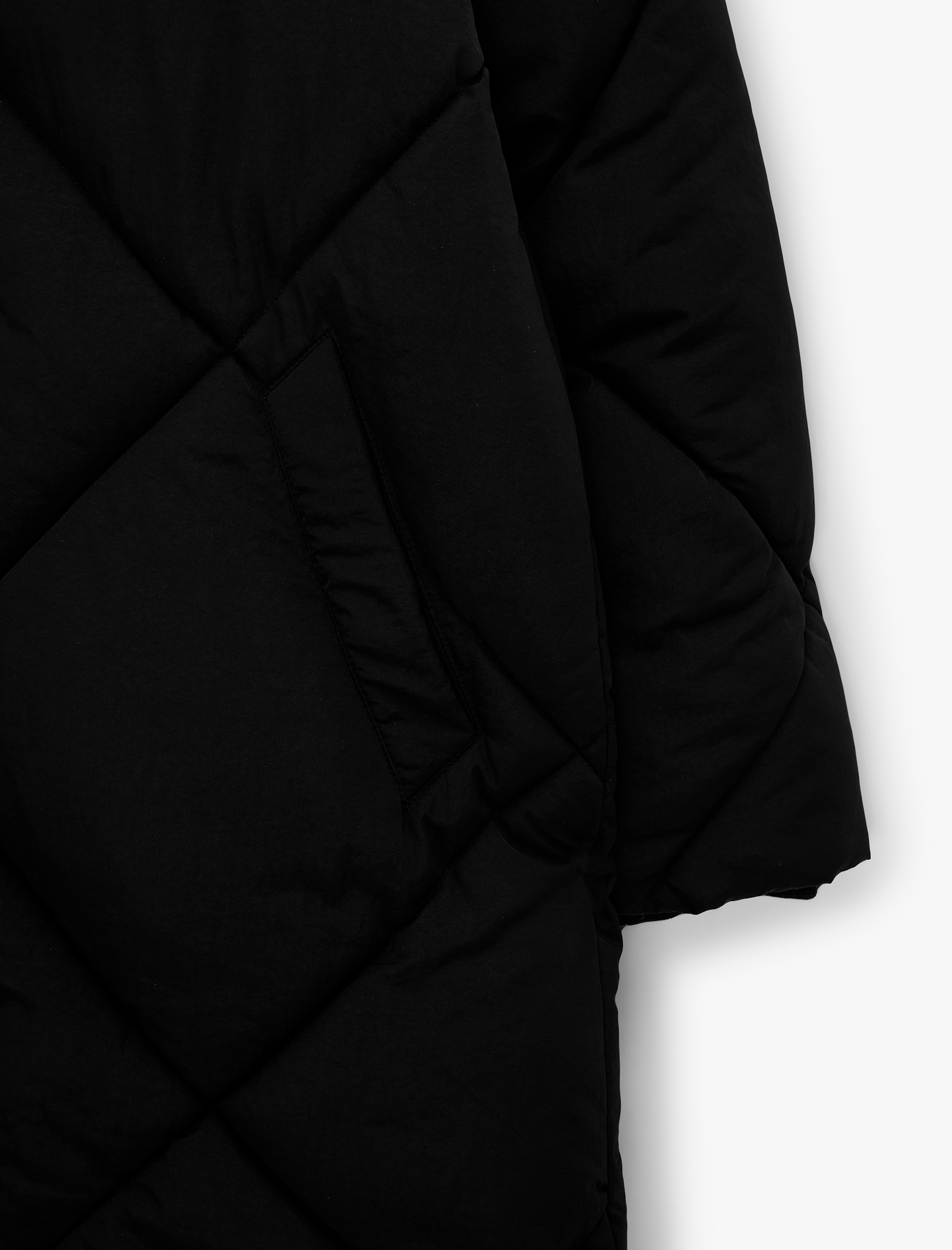   Uzun Kollu Cepli Fermuarlı Kapüşonlu Oversize Kapitone Uzun Şişme Mont