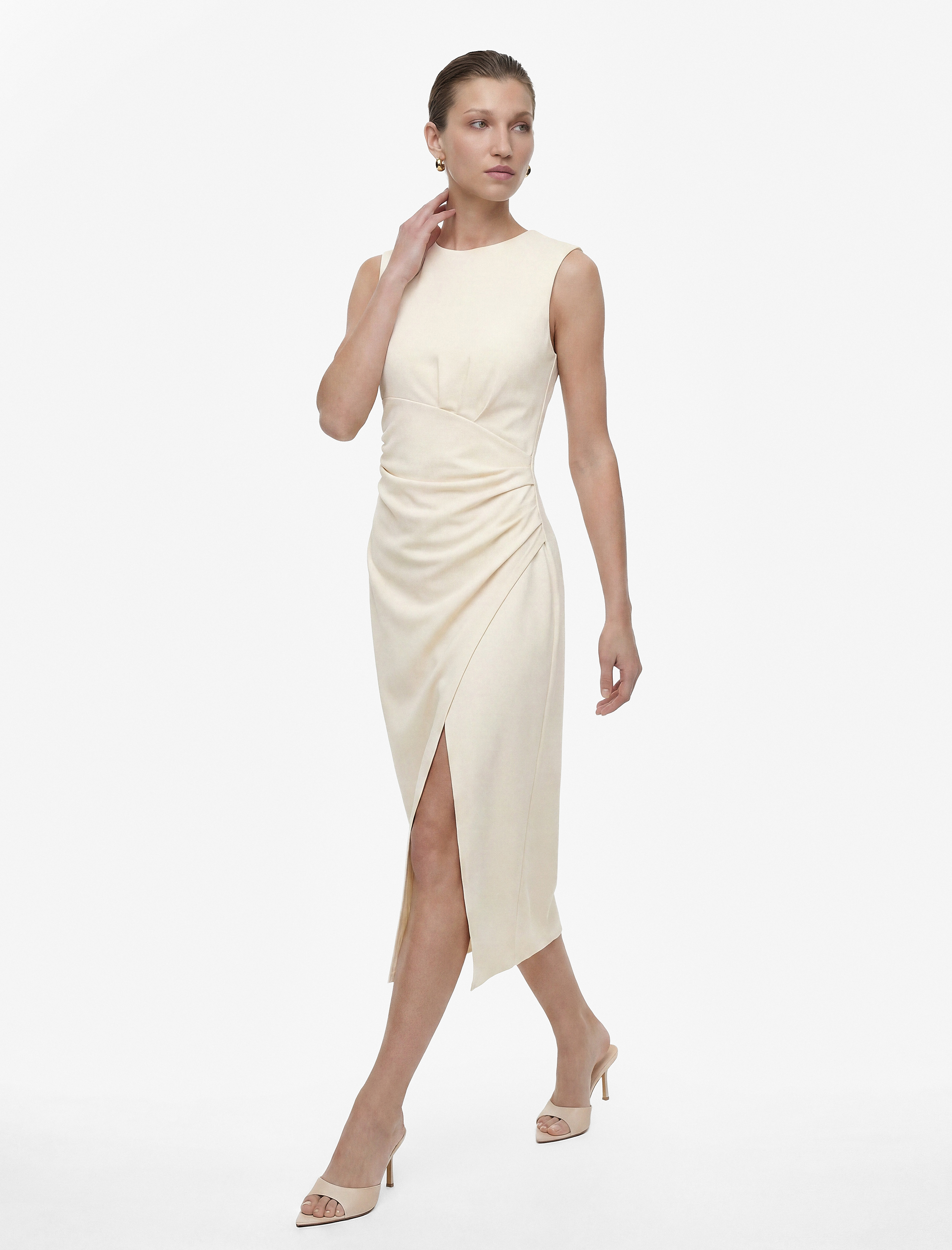   Slim Fit Kolsuz Bisiklet Yaka Drapeli Midi Abiye Elbise
