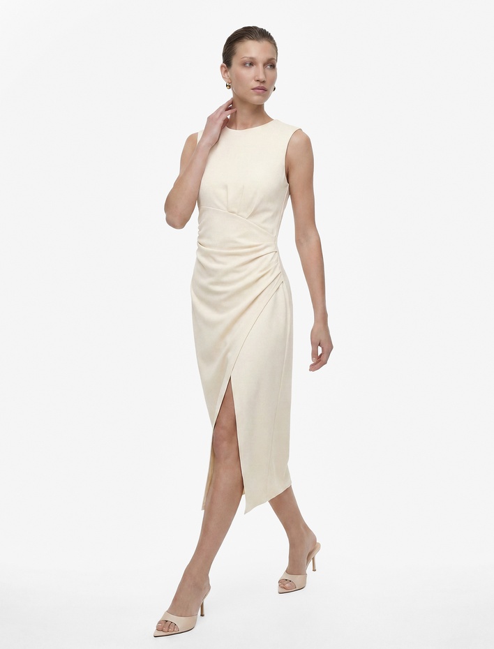 Slim Fit Kolsuz Bisiklet Yaka Drapeli Midi Abiye Elbise