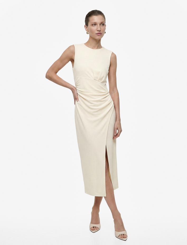  Slim Fit Kolsuz Bisiklet Yaka Drapeli Midi Abiye Elbise