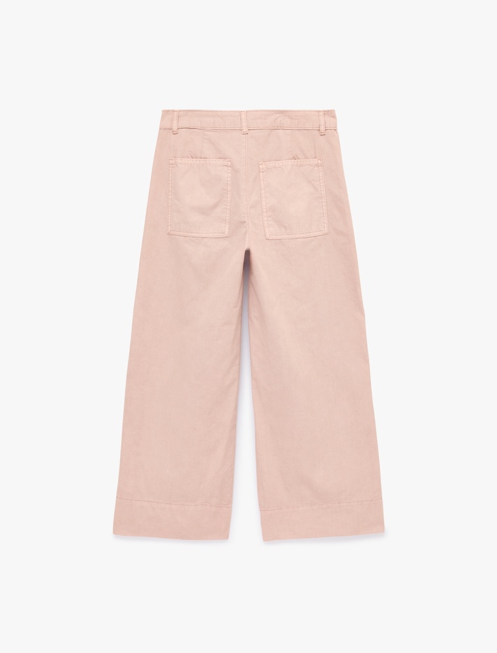  Pamuklu Düğmeli Normal Bel Cep Detaylı Bol Paça Pantolon - Culotte Jeans