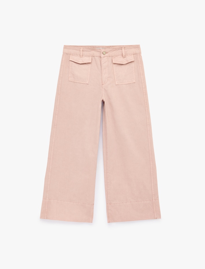  Pamuklu Düğmeli Normal Bel Cep Detaylı Bol Paça Pantolon - Culotte Jeans