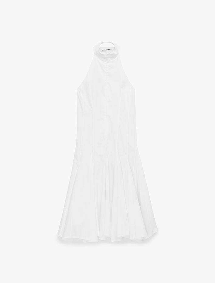  Pamuklu Kolsuz Volanlı Bol Kesim Poplin Halter Yaka Midi Elbise