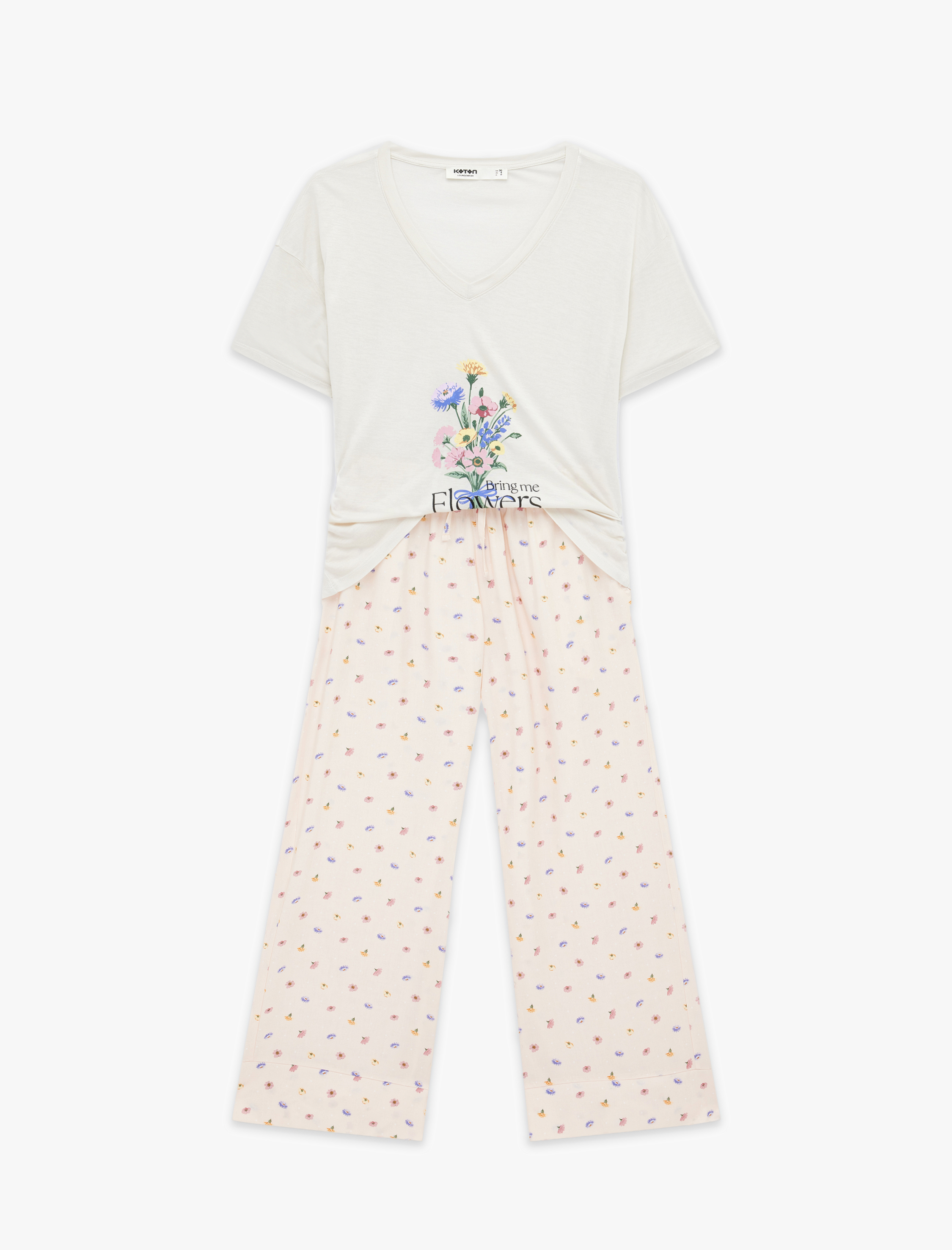   Viskon Kumaş Bisiklet Yaka Çiçek Baskılı Kısa Kollu Pijama Seti