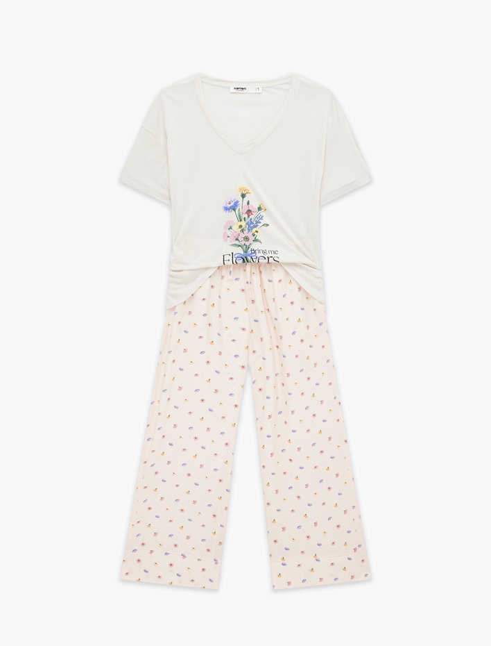  Viskon Kumaş Bisiklet Yaka Çiçek Baskılı Kısa Kollu Pijama Seti