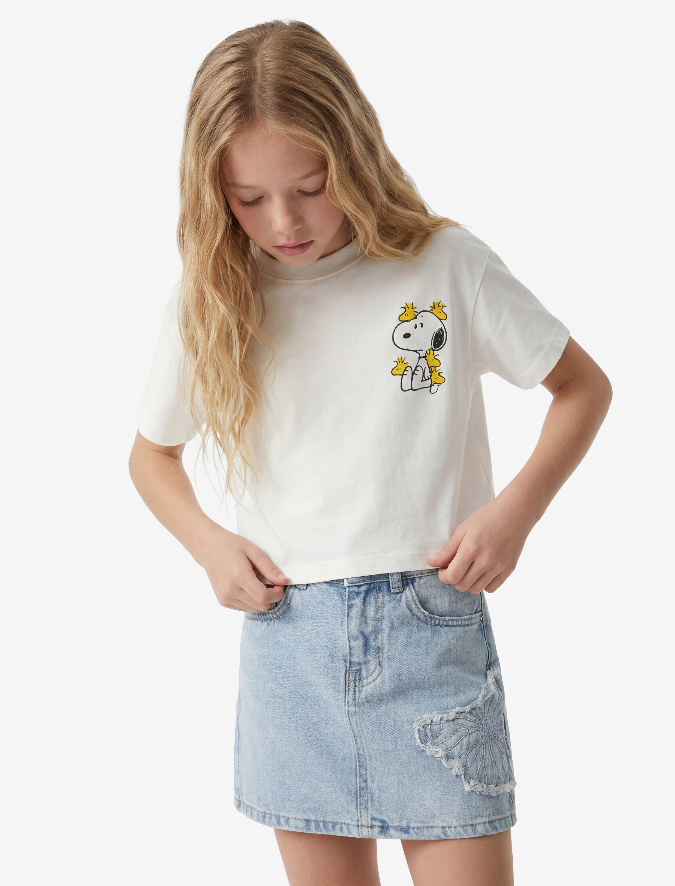  Kız Çocuk Lisanslı Snoopy Baskılı Kısa Kollu Bisiklet Yaka Pamuklu Tişört