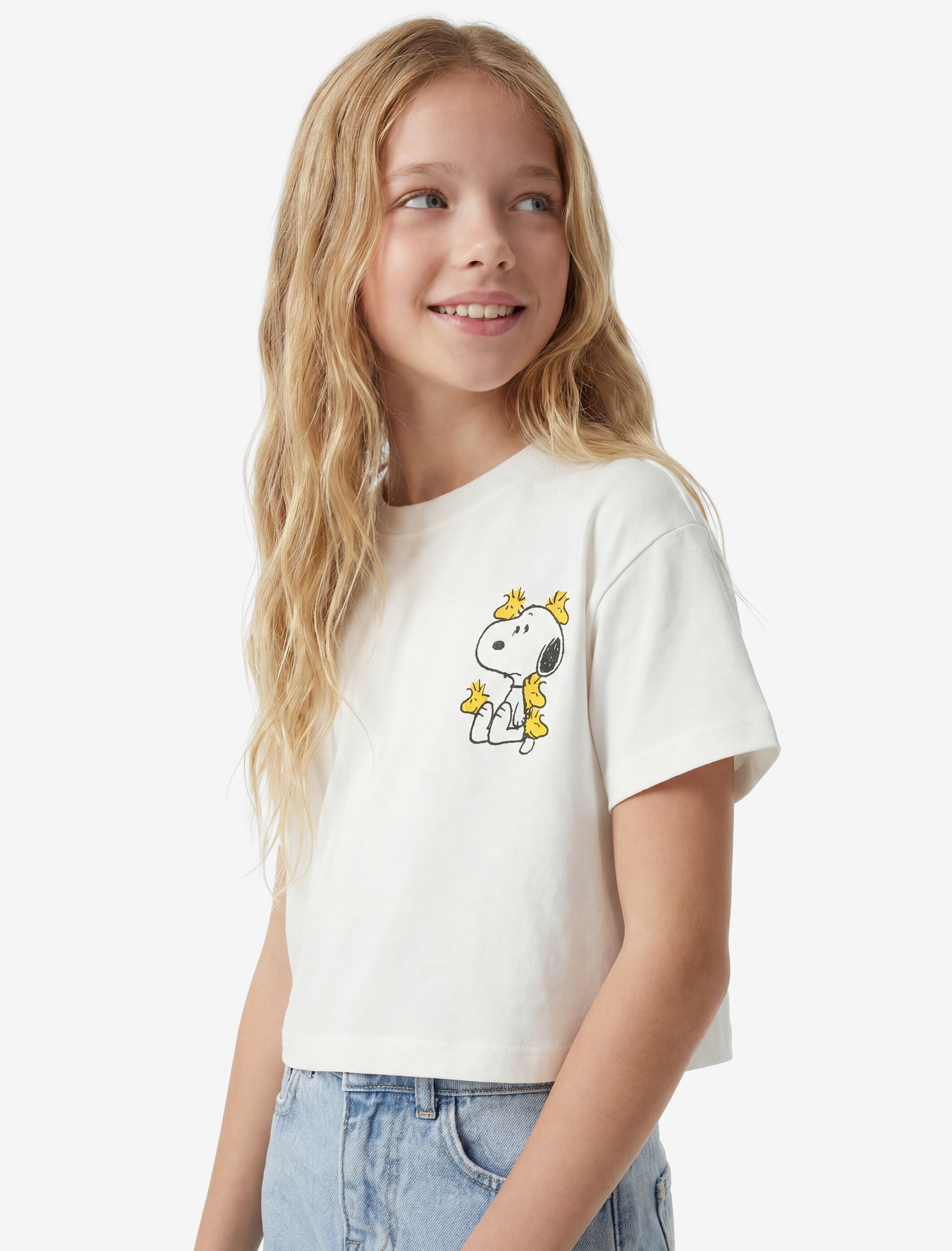  Kız Çocuk Lisanslı Snoopy Baskılı Kısa Kollu Bisiklet Yaka Pamuklu Tişört