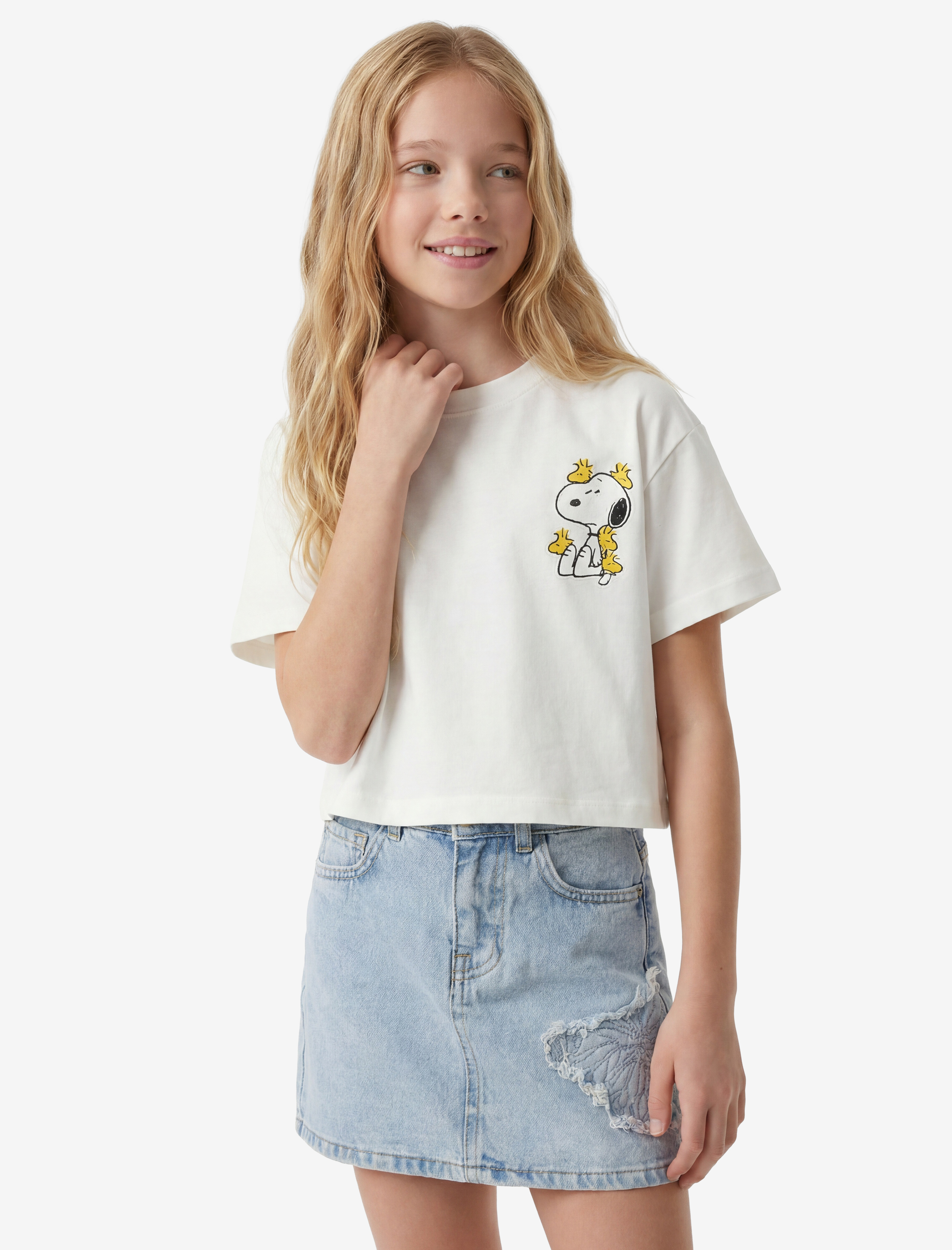  Kız Çocuk Lisanslı Snoopy Baskılı Kısa Kollu Bisiklet Yaka Pamuklu Tişört