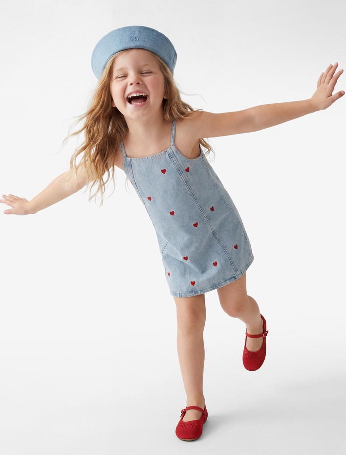 Kız Bebek Kare Yaka Kalp Desenli Askılı Denim Jile Elbise