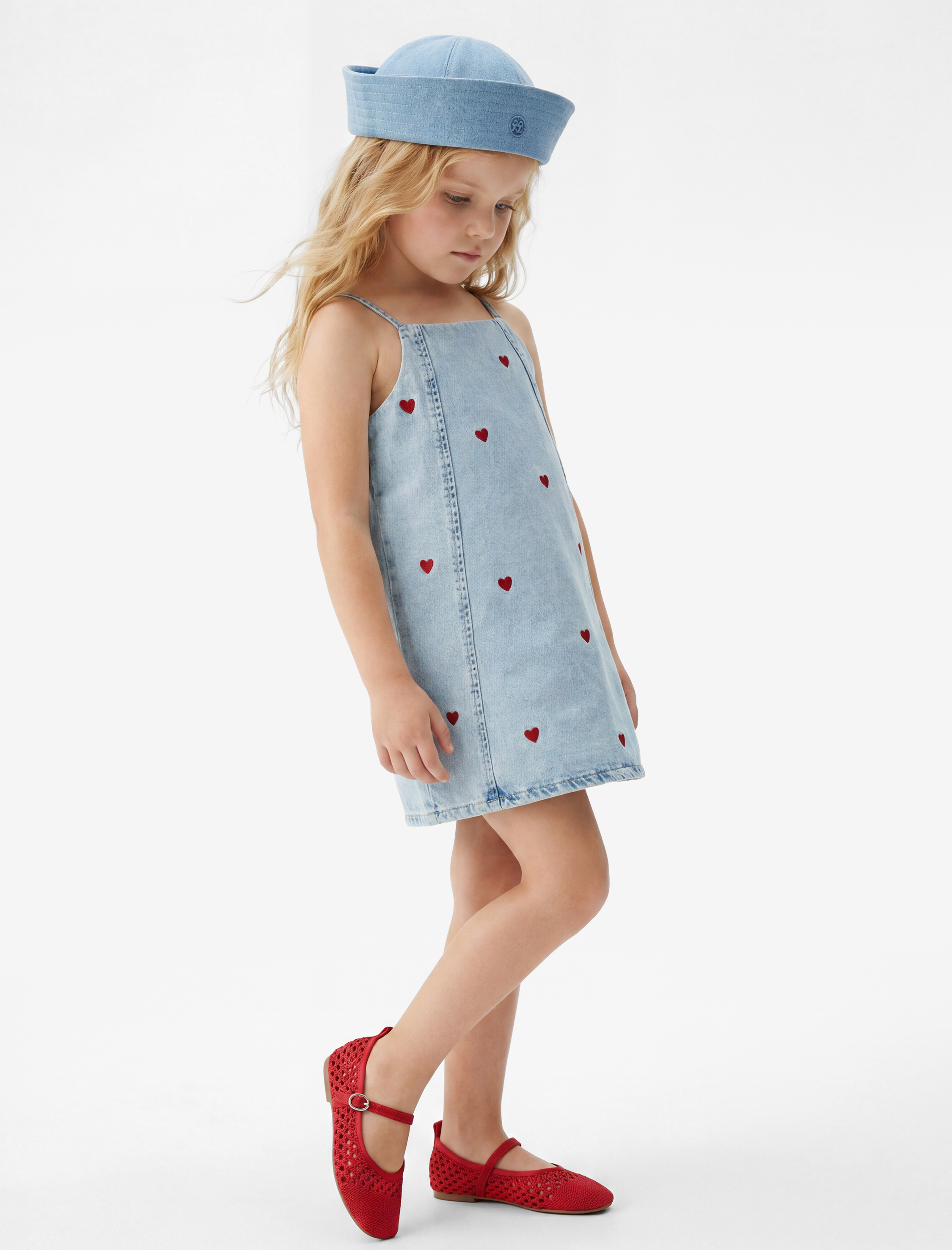  Kız Bebek Kare Yaka Kalp Desenli Askılı Denim Jile Elbise