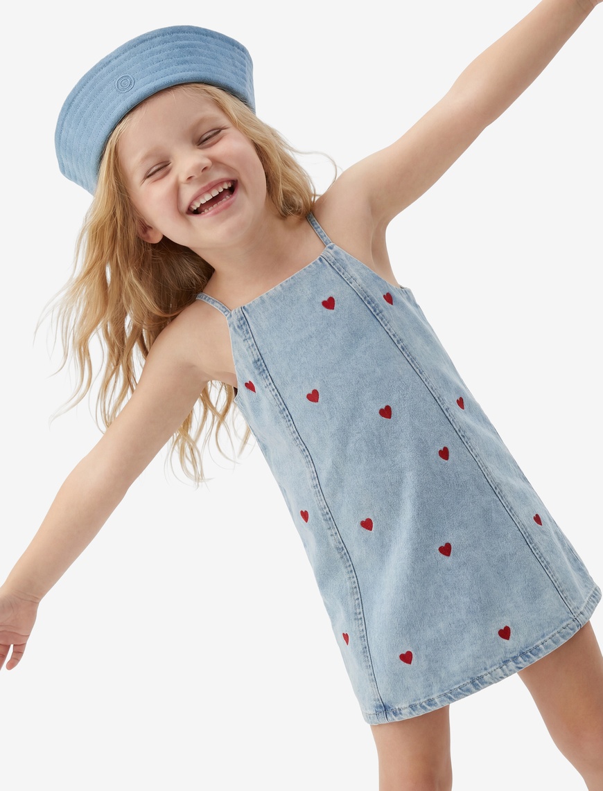 Koton Kız Bebek Kare Yaka Kalp Desenli Askılı Denim Jile Elbise