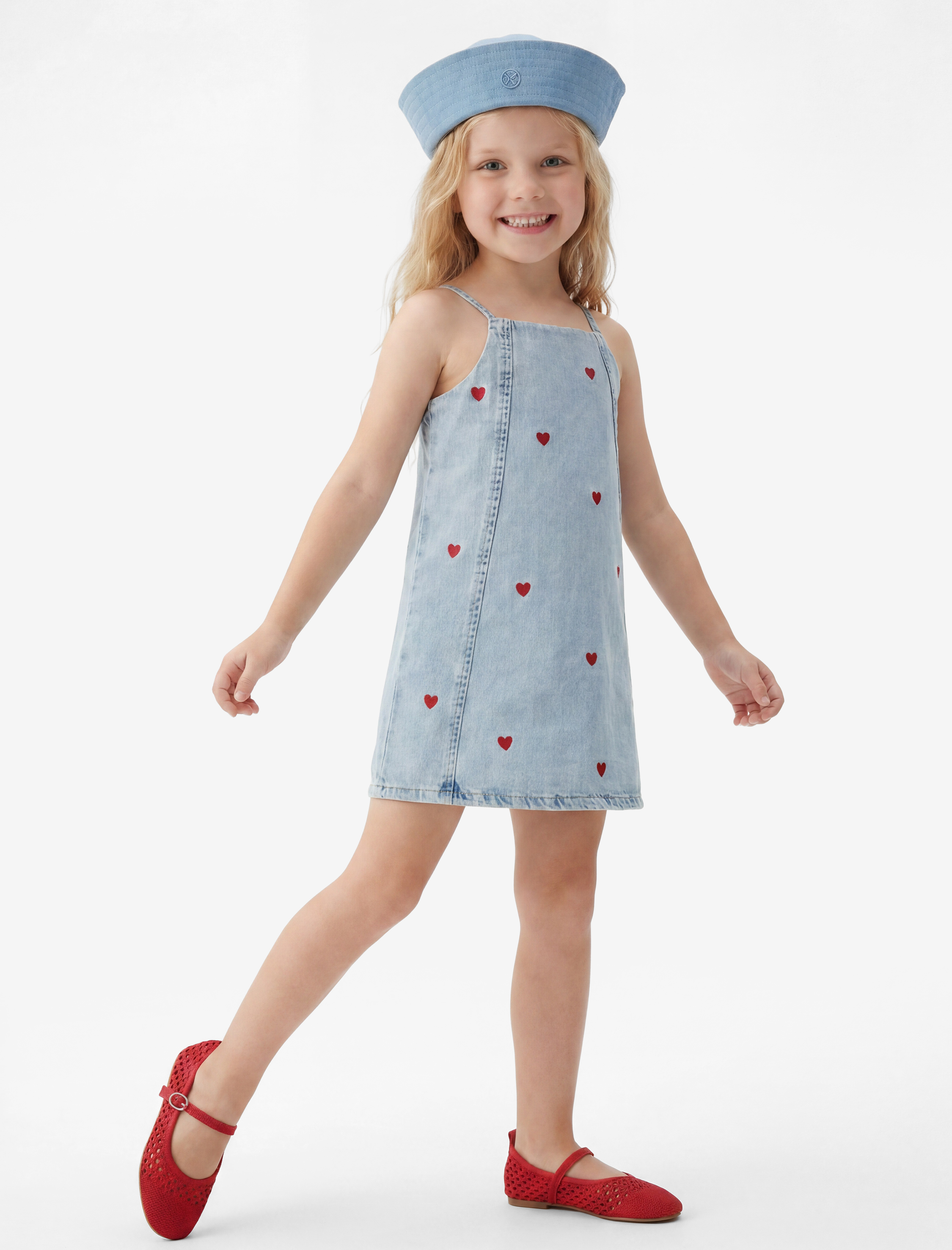  Kız Bebek Kare Yaka Kalp Desenli Askılı Denim Jile Elbise