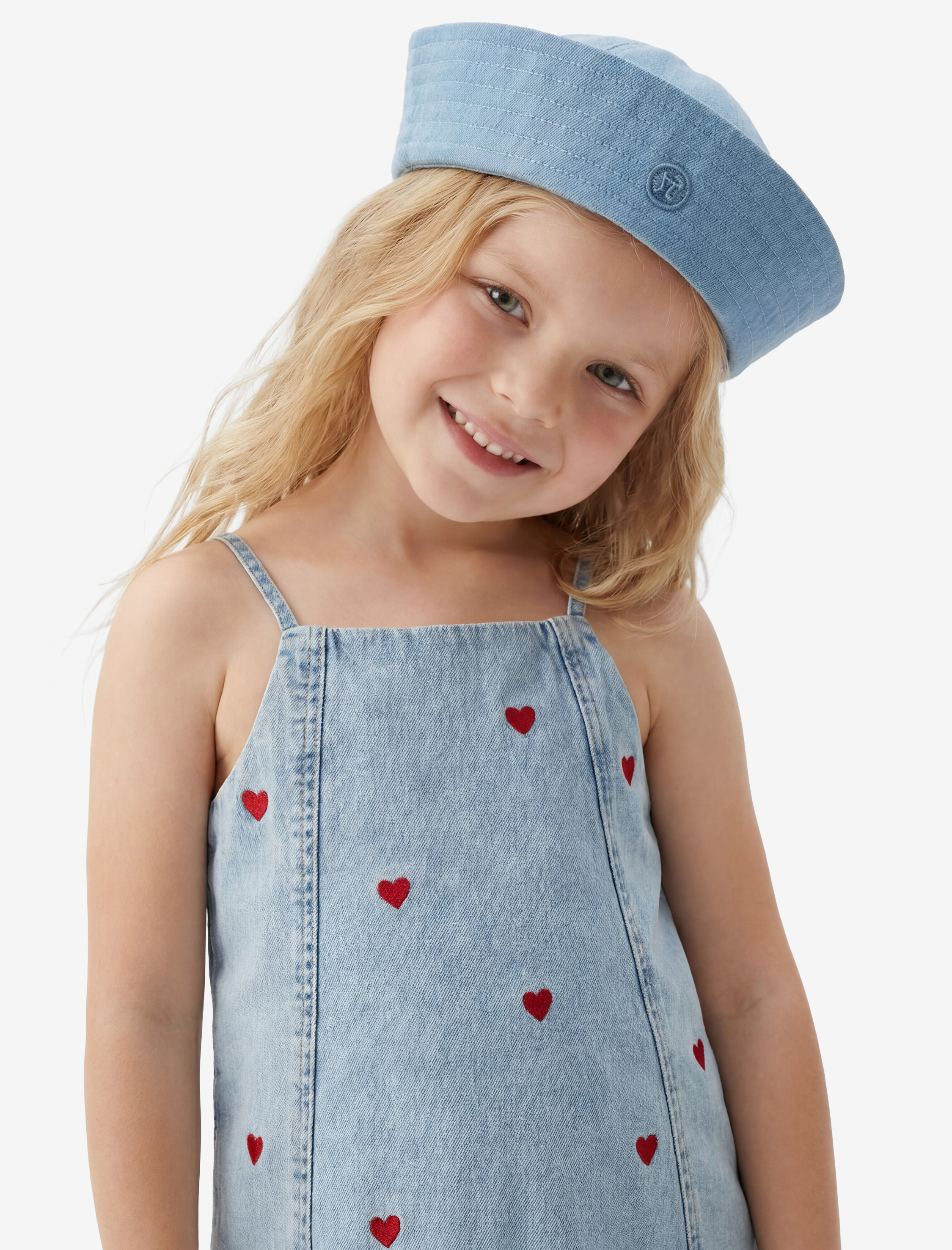  Kız Bebek Kare Yaka Kalp Desenli Askılı Denim Jile Elbise