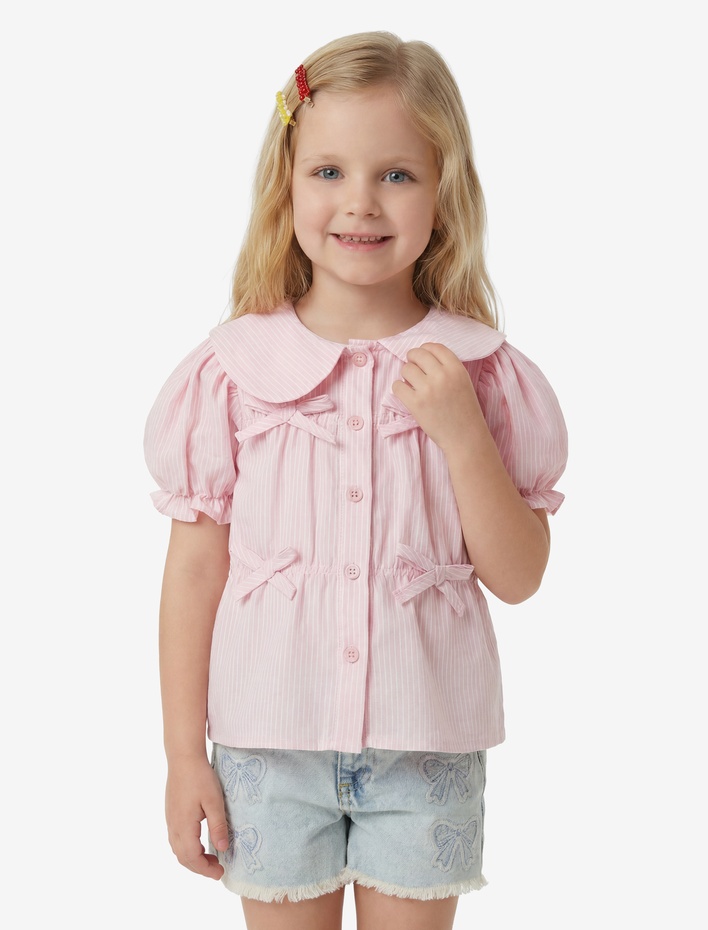 Kız Bebek Pamuklu Kısa Kollu Fiyonklu Bebe Yaka Bluz