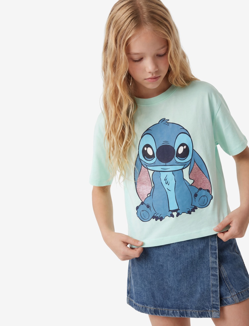 Koton Lisanslı Stitch Baskılı Simli Bisiklet Yaka Kısa Kollu Pamuklu Tişört