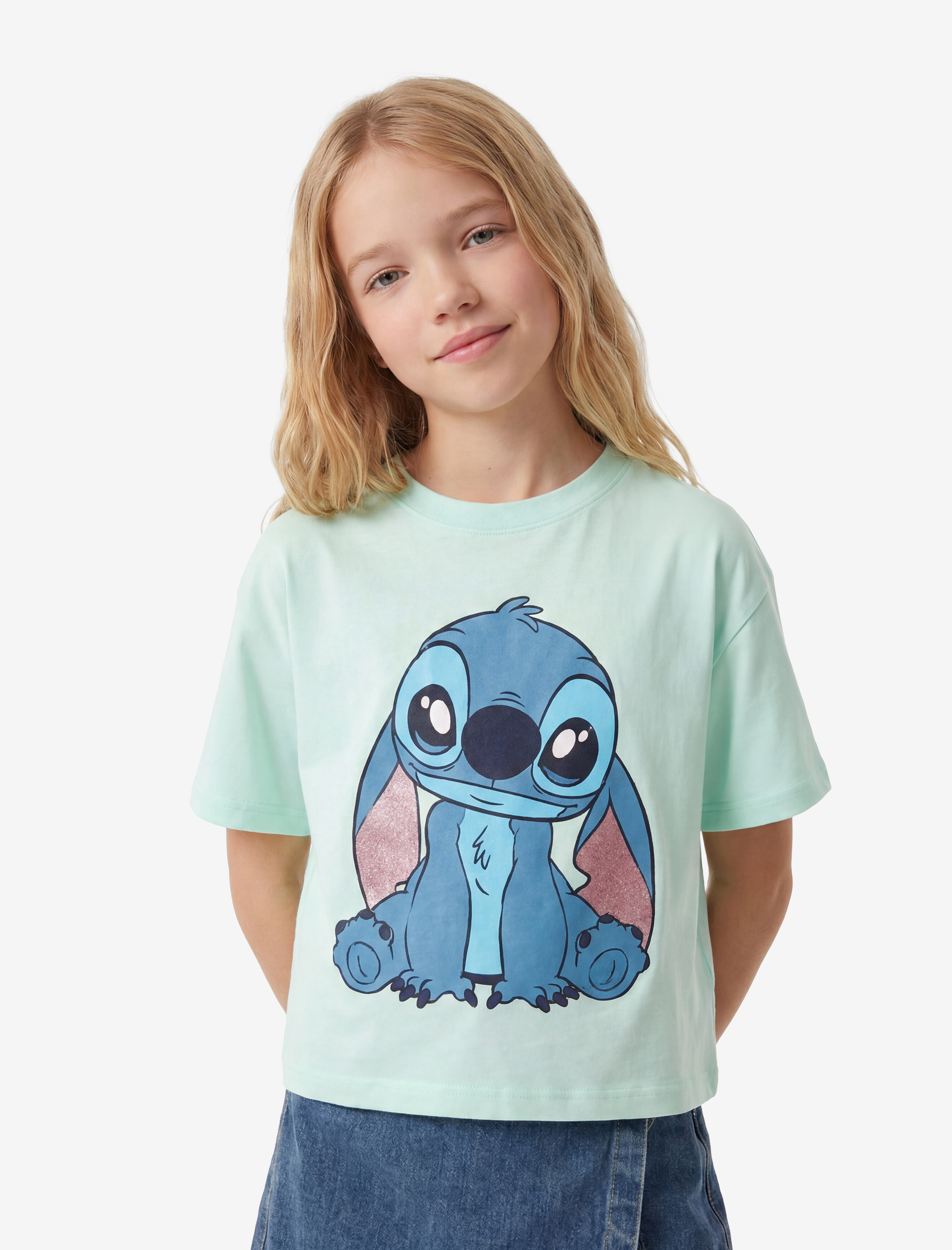  Kız Çocuk Lisanslı Stitch Baskılı Simli Bisiklet Yaka Kısa Kollu Pamuklu Tişört