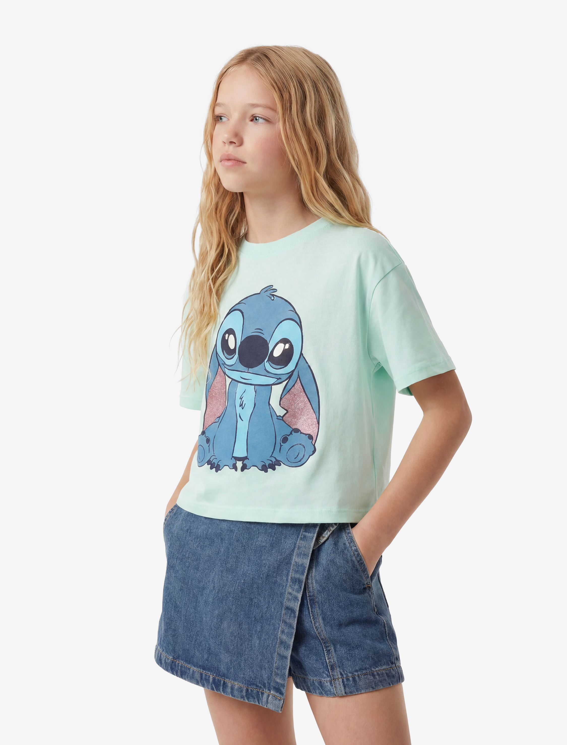  Kız Çocuk Lisanslı Stitch Baskılı Simli Bisiklet Yaka Kısa Kollu Pamuklu Tişört