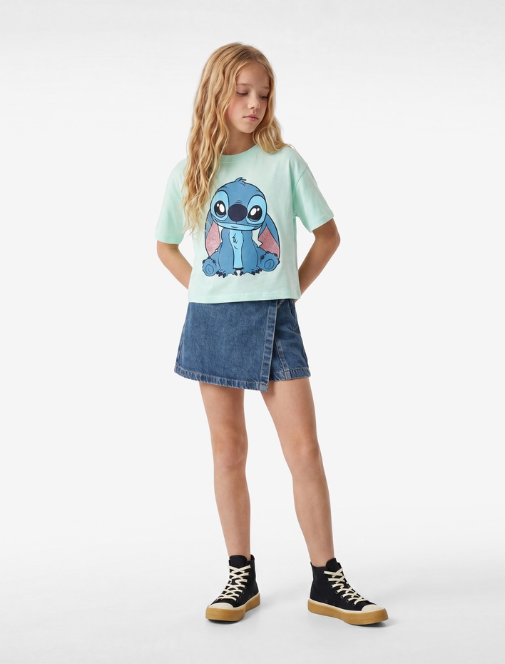 Kız Çocuk Lisanslı Stitch Baskılı Simli Bisiklet Yaka Kısa Kollu Pamuklu Tişört