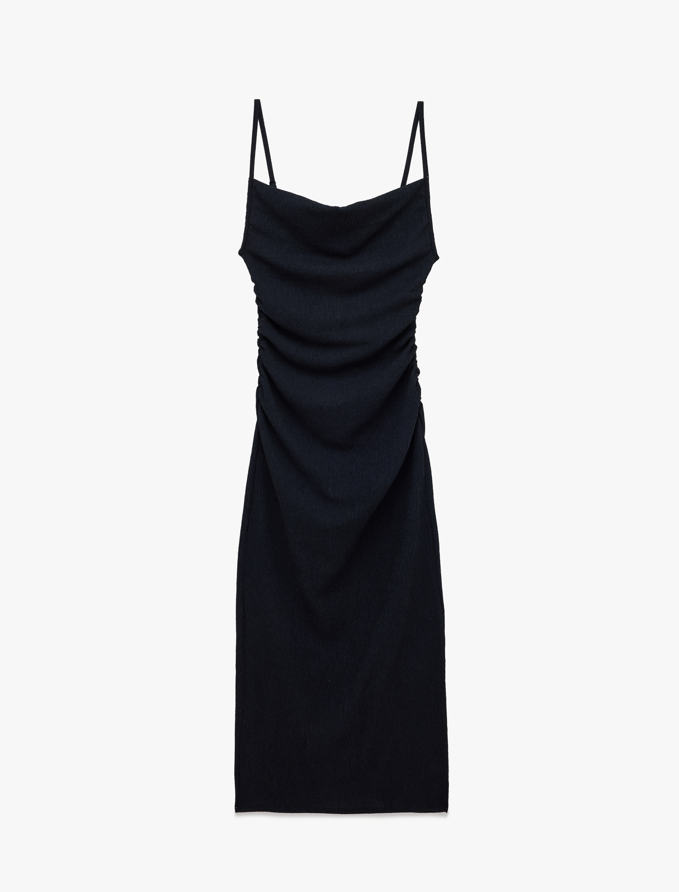   Bürümcük Kumaş Dokulu Slim Fit Drapeli Yırtmaçlı İnce Askılı Midi Kalem Elbise