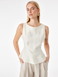 Viskon Kumaş Floral Dokulu Kolsuz Bisiklet Yaka Peplum Bluz