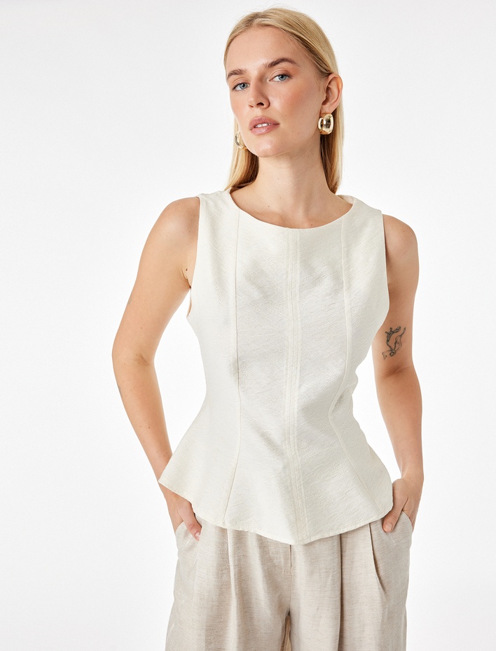  Viskon Kumaş Floral Dokulu Kolsuz Bisiklet Yaka Peplum Bluz