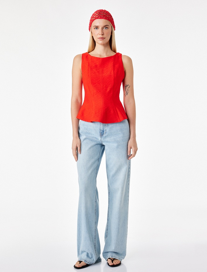  Viskon Kumaş Floral Dokulu Kolsuz Bisiklet Yaka Peplum Bluz