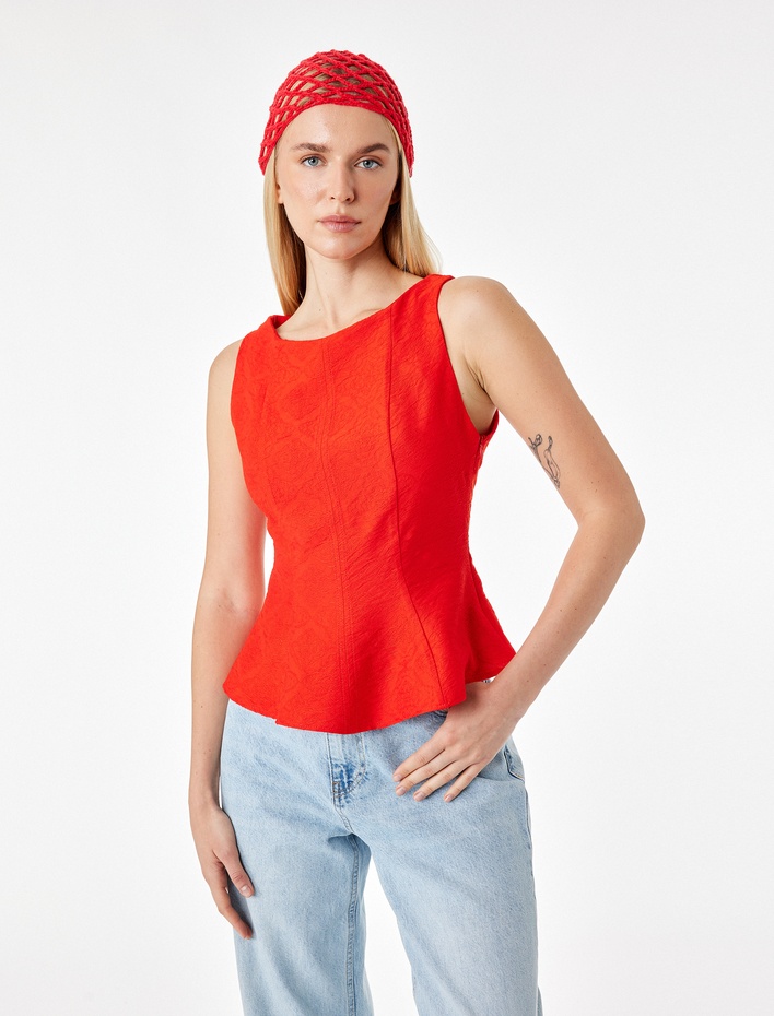  Viskon Kumaş Floral Dokulu Kolsuz Bisiklet Yaka Peplum Bluz