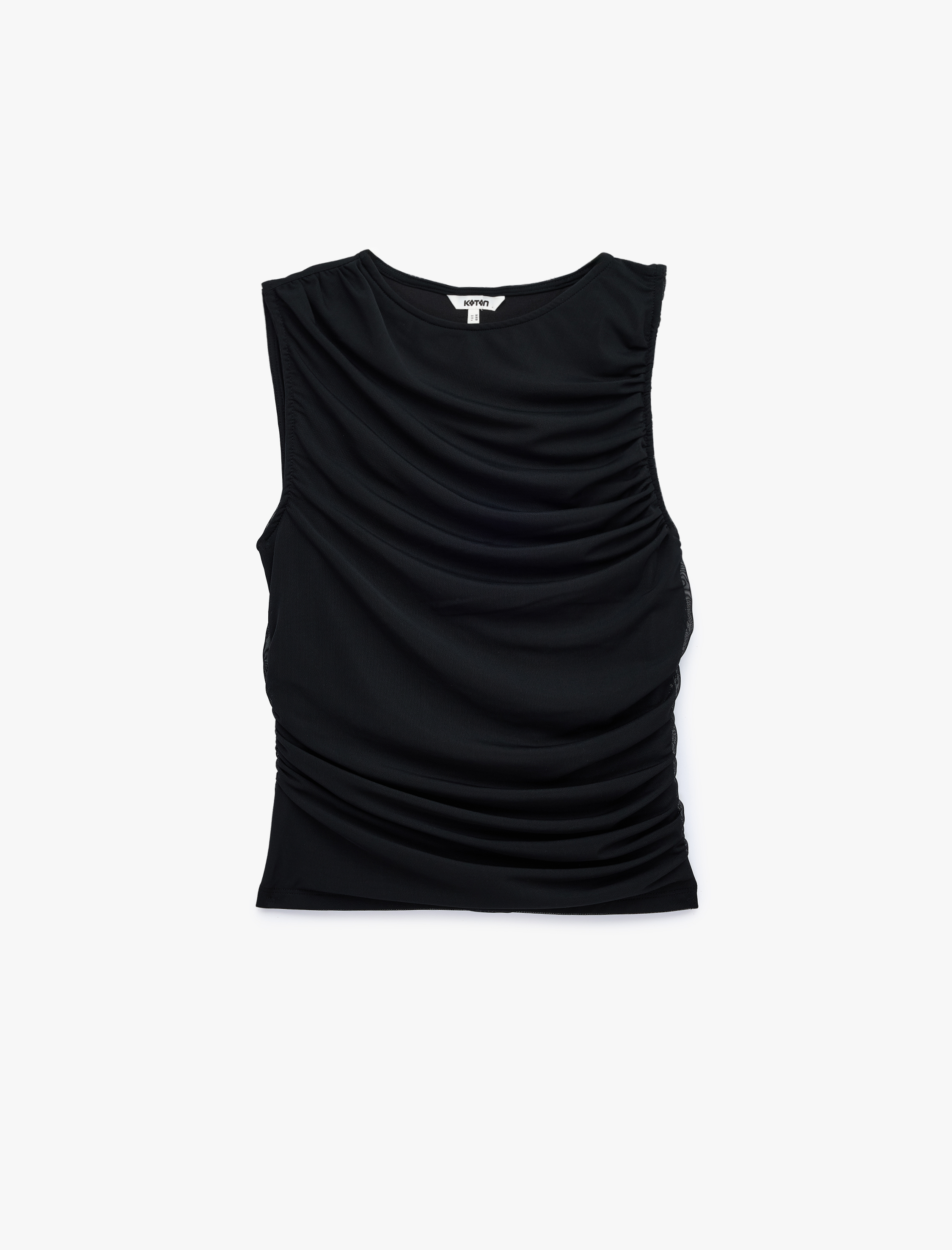   Skinny Fit Bisiklet Yaka Drapeli Kolsuz Tül Bluz