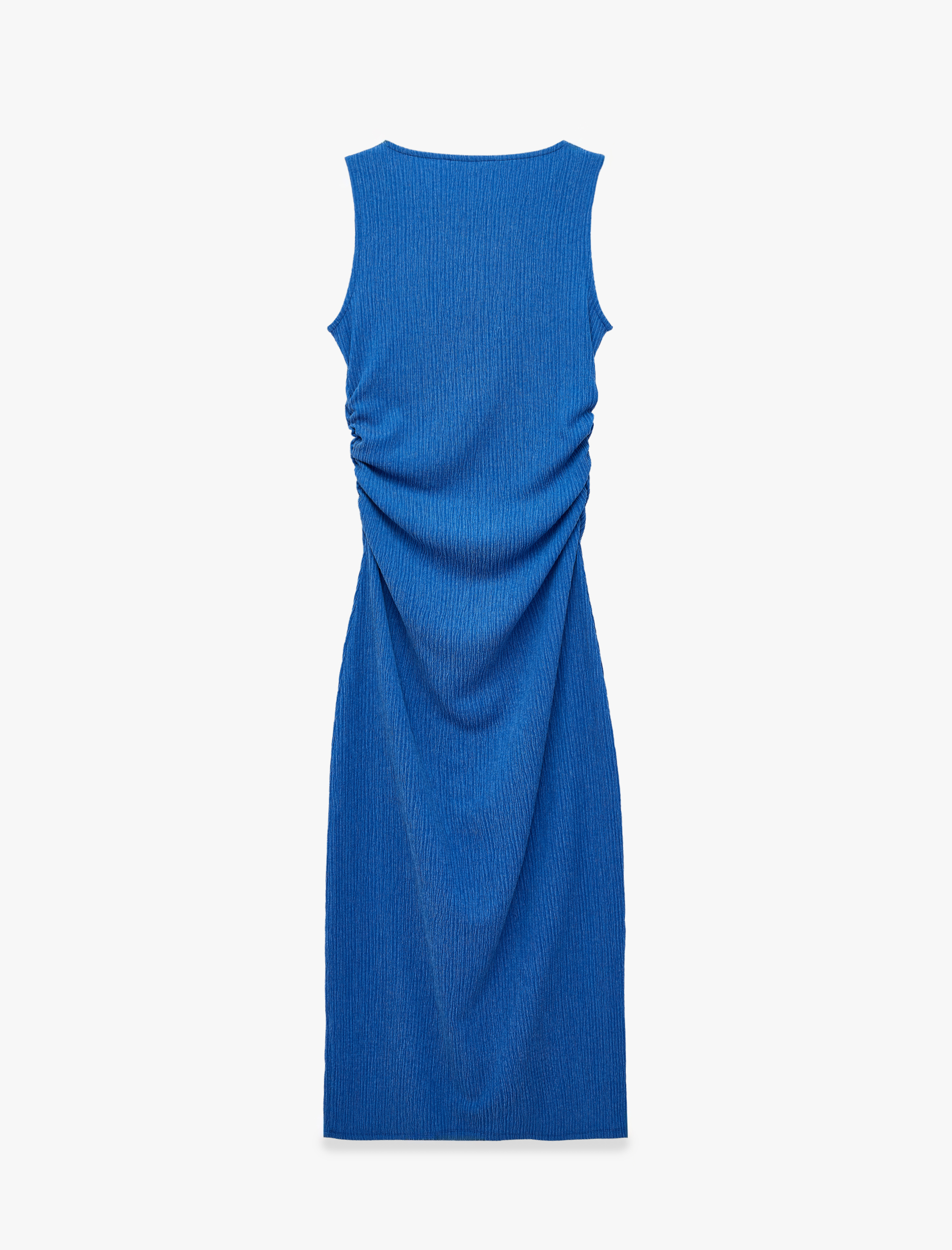   Drape Detaylı Bisiklet Yaka Kolsuz Dokulu Kobalt Mavi Bodycon Elbise