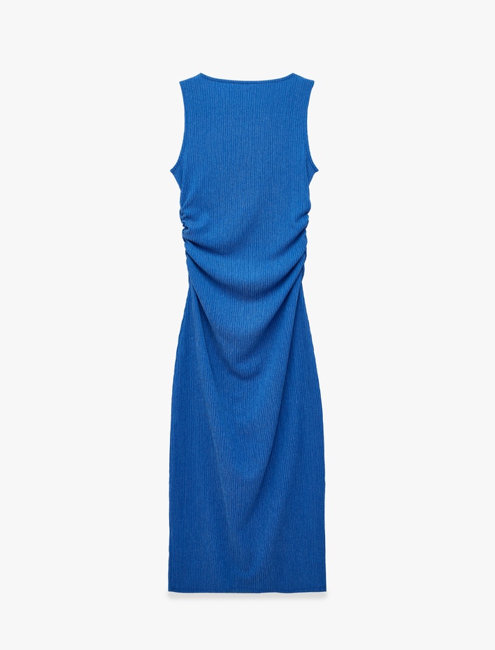  Drape Detaylı Bisiklet Yaka Kolsuz Dokulu Kobalt Mavi Bodycon Elbise