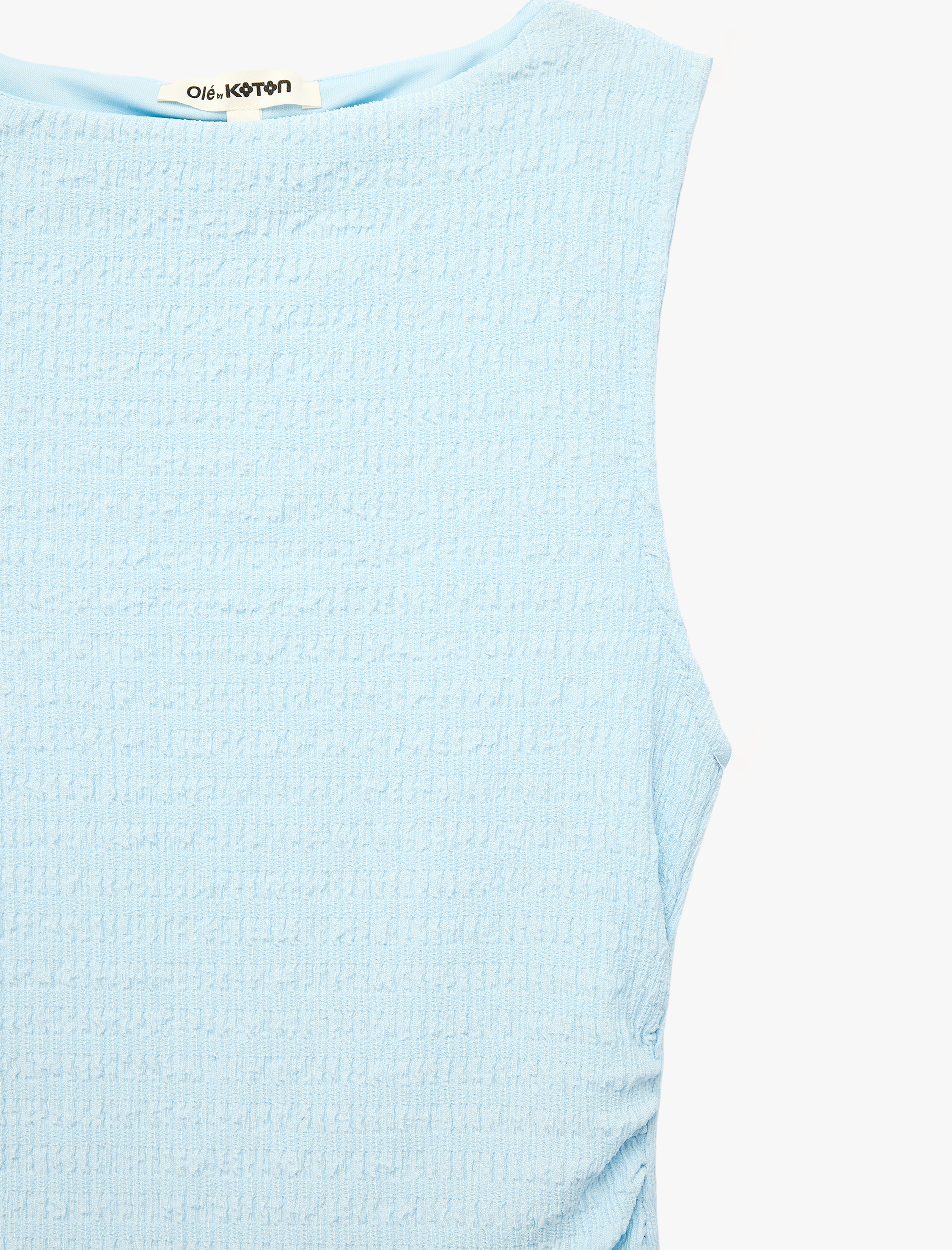   Bürümcük Kumaş Slim Fit Kolsuz Dik Yaka Drapeli Midi Elbise