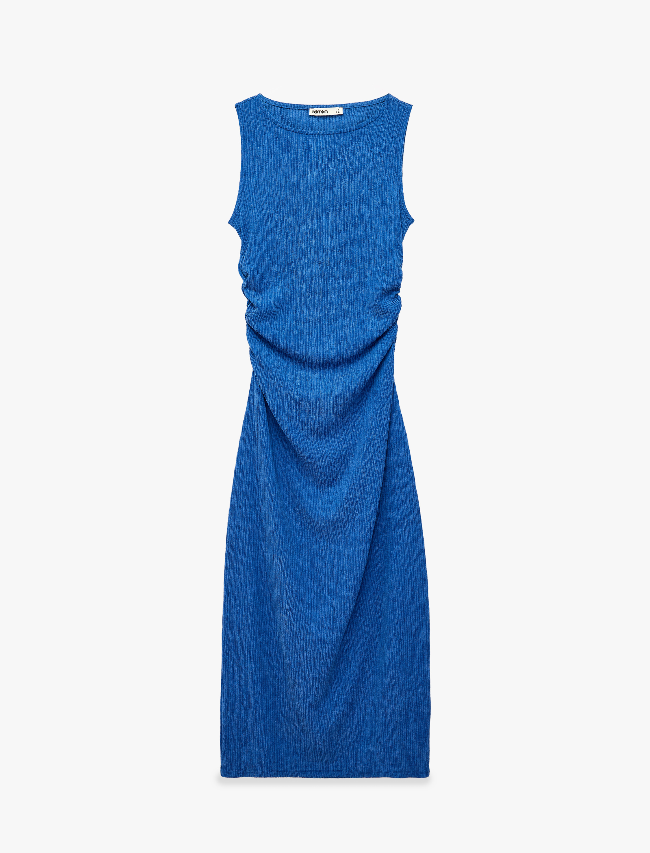   Drape Detaylı Bisiklet Yaka Kolsuz Dokulu Kobalt Mavi Bodycon Elbise