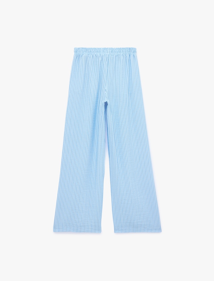  Cep Detaylı Viskon Kumaş Normal Bel Bağcıklı Geniş Paça Çizgili Pijama Pantolon