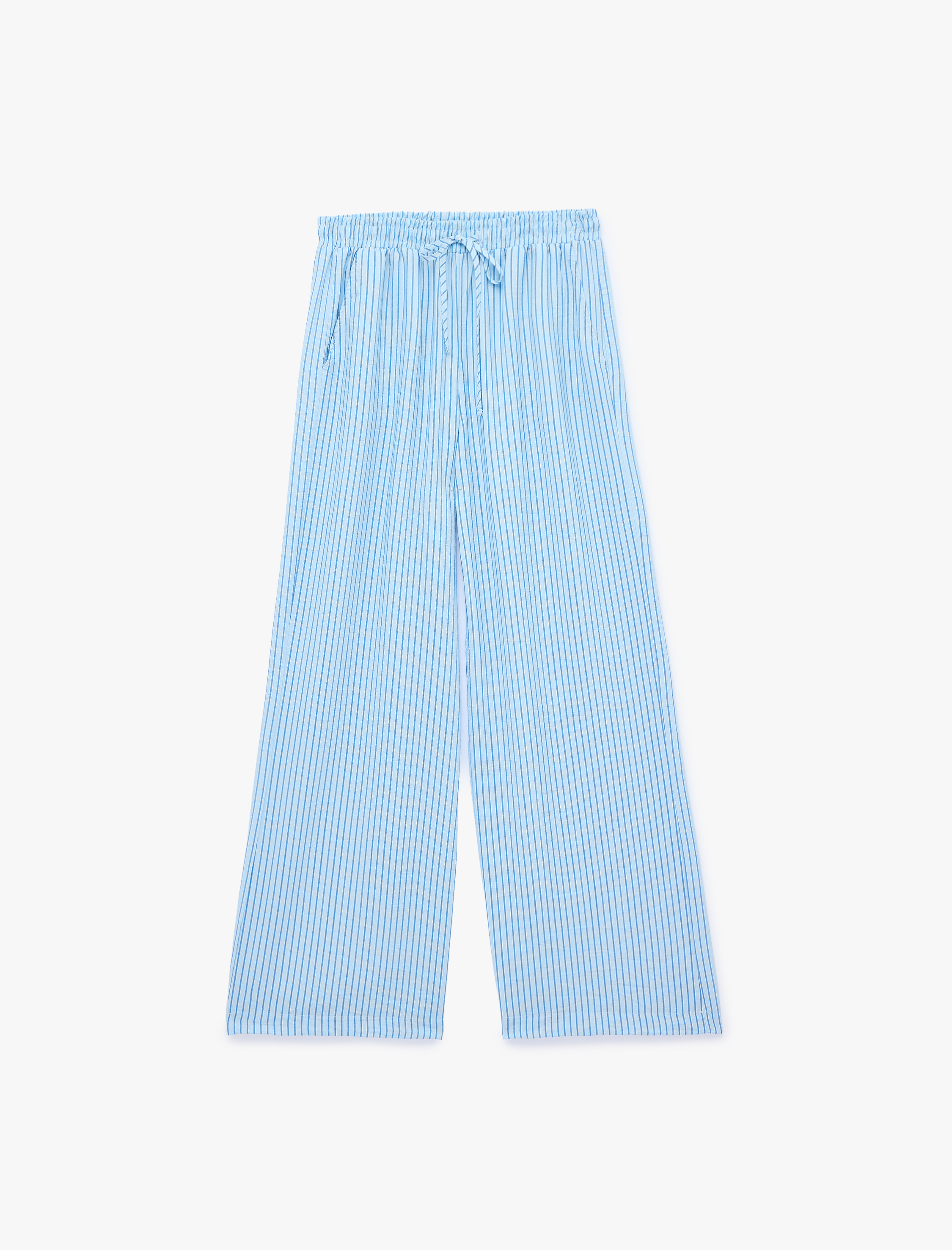   Cep Detaylı Viskon Kumaş Normal Bel Bağcıklı Geniş Paça Çizgili Pijama Pantolon