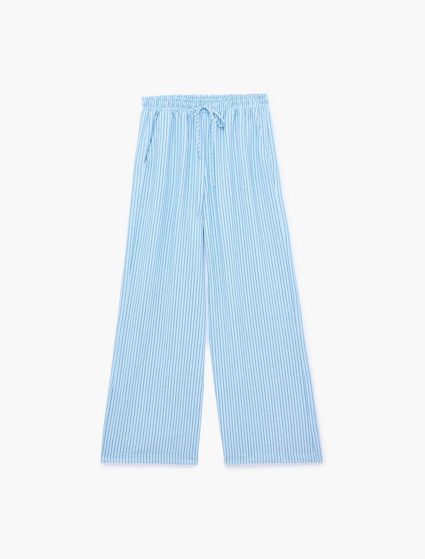 Koton Kadın Cep Detaylı Viskon Kumaş Normal Bel Bağcıklı Geniş Paça Çizgili Pijama Pantolon