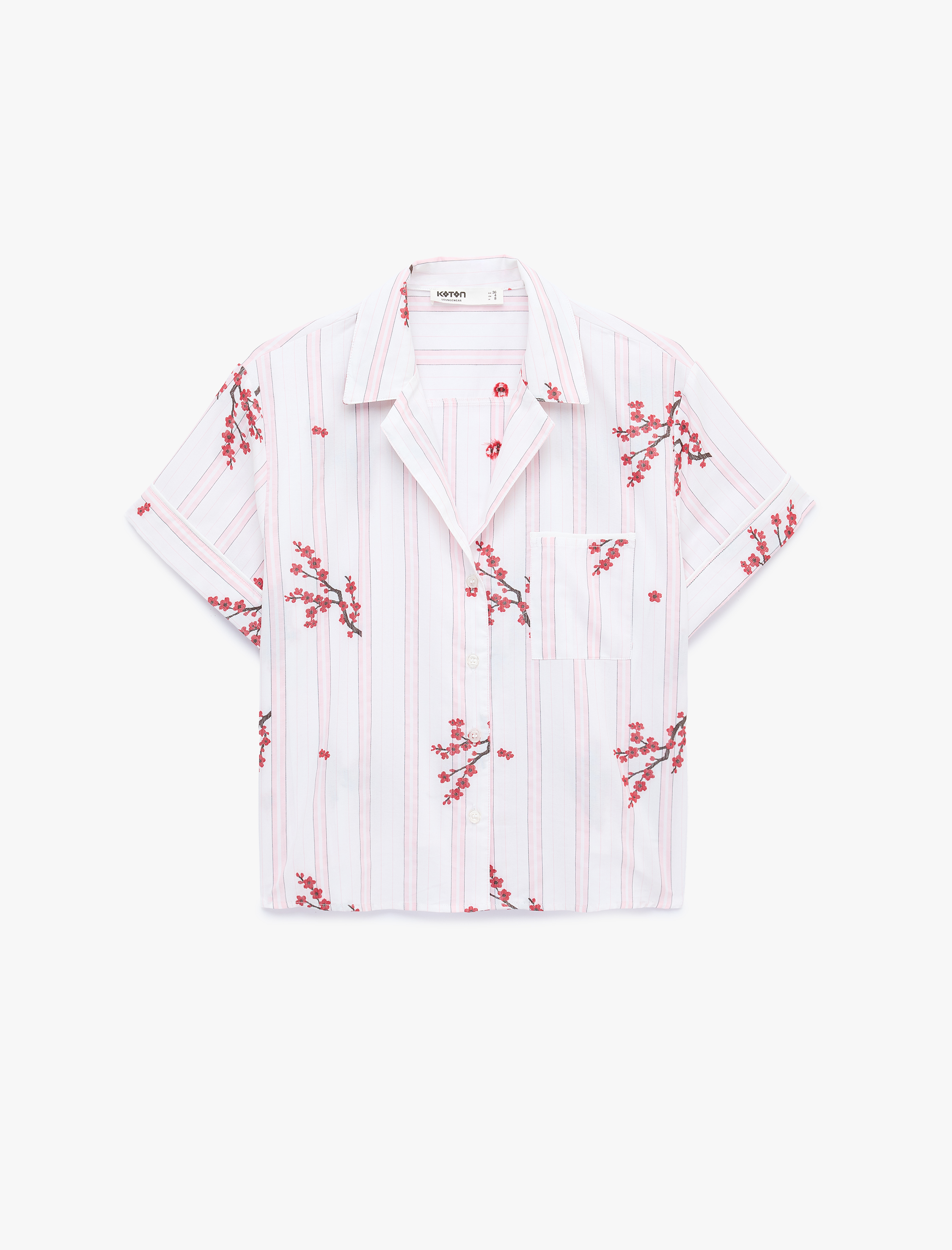   Çiçek Desenli Çizgili Polo Yaka Pijama Üstü