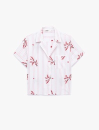 Çiçek Desenli Çizgili Polo Yaka Pijama Üstü